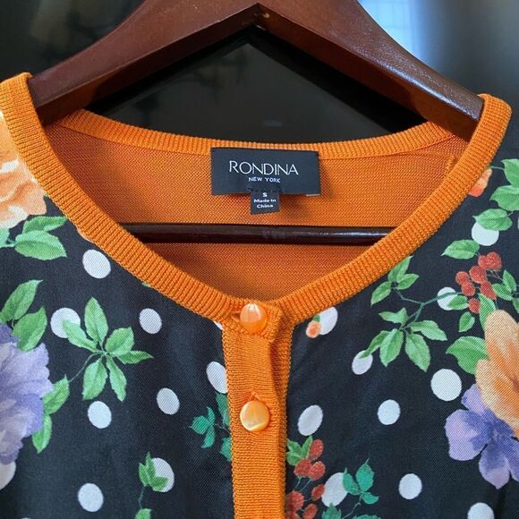 Rondina Orange Floral Scoop Neck Cardigan Sweater, Size S - Picture 2 of 6